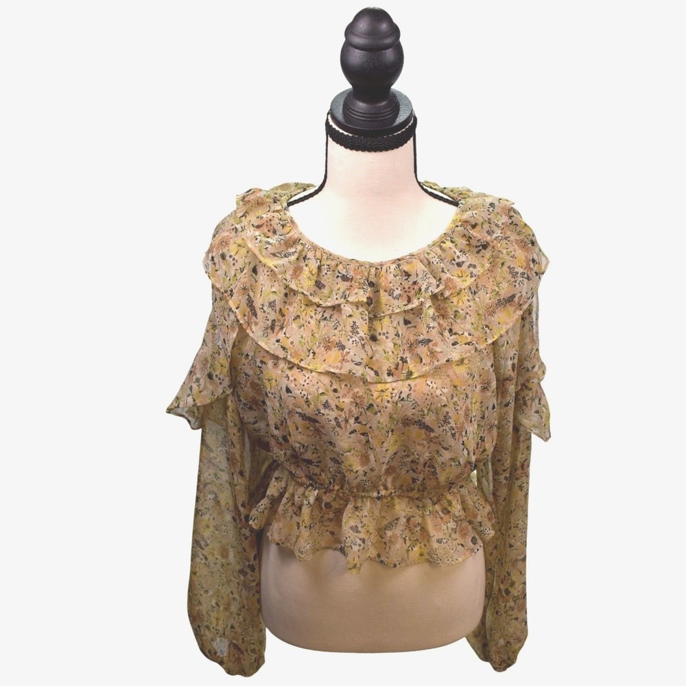 French Kiss Floral Ruffle Peplum Blouse Tan Yellow Cold Shoulder Long Sleeve L